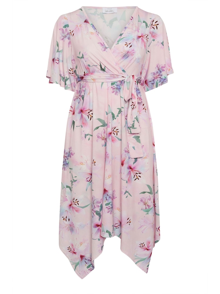 Yours Curve Pink Floral Hanky Hem Wrap Dress - Image 5 of 5