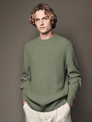 Sage Green Crew Neck Regular Fit Premium Lambswool Blend Rib Texture Jumper - Image 1 of 6