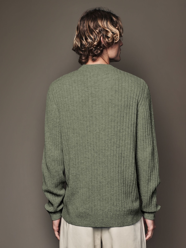 Sage Green Crew Neck Regular Fit Premium Lambswool Blend Rib Texture Jumper - Image 2 of 6