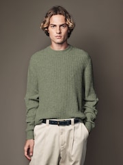 Sage Green Crew Neck Regular Fit Premium Lambswool Blend Rib Texture Jumper - Image 3 of 6