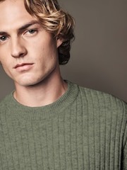 Sage Green Crew Neck Regular Fit Premium Lambswool Blend Rib Texture Jumper - Image 4 of 6