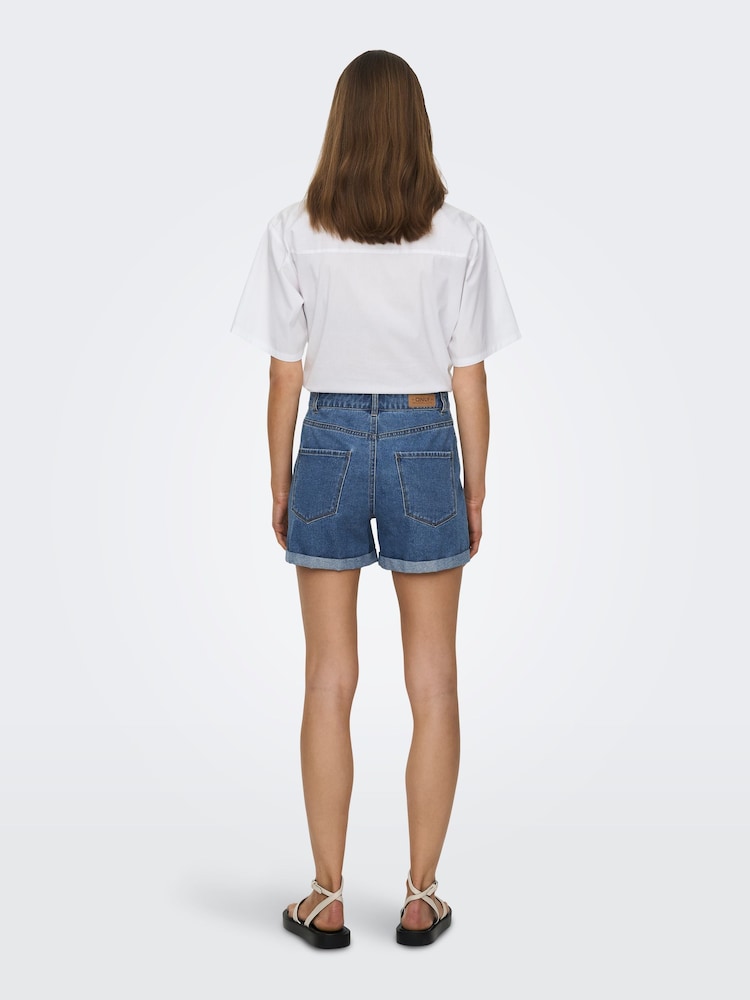 ONLY Mid Blue 100% Cotton High Waisted Denim Mom Shorts - Image 2 of 7