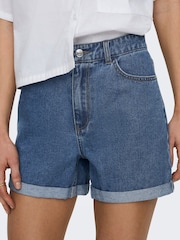 ONLY Mid Blue 100% Cotton High Waisted Denim Mom Shorts - Image 4 of 7