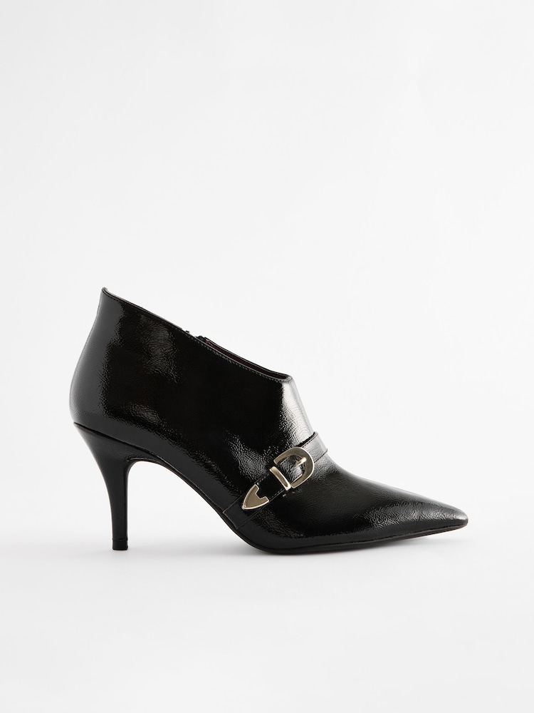 Black Patent Forever Comfort® Pointed Toe Buckle Detail Heeled Shoe Boots - Image 1 of 6