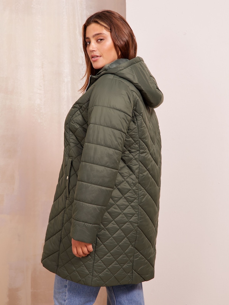 Friends Like These Khaki Green Curve Mid Length Quilted Jacket - Image 4 of 4