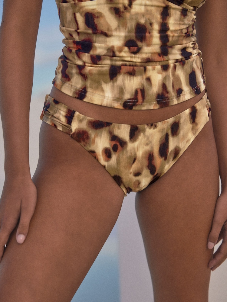 Brown Leopard Ruched Side High Leg Bikini Bottoms - Image 1 of 6