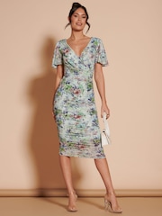 Jolie Moi Green Angel Sleeve Ruched Mesh Midi Dress - Image 1 of 6