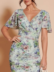 Jolie Moi Green Angel Sleeve Ruched Mesh Midi Dress - Image 3 of 6