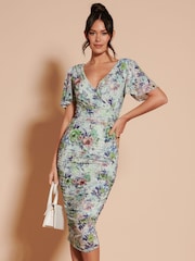 Jolie Moi Green Angel Sleeve Ruched Mesh Midi Dress - Image 5 of 6