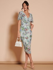 Jolie Moi Green Angel Sleeve Ruched Mesh Midi Dress - Image 6 of 6