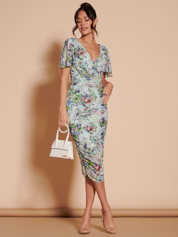 Jolie Moi Green Angel Sleeve Ruched Mesh Midi Dress - Image 6 of 6