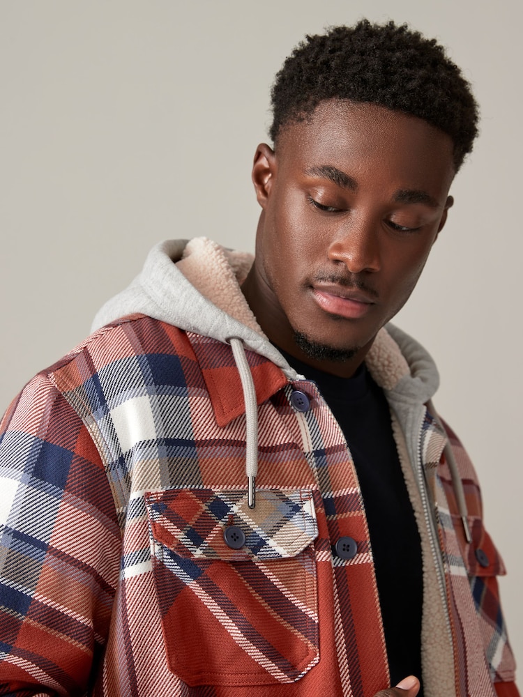 Orange Check Hooded Borg Lined Shacket - Image 1 of 10