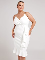 Yours Curve White LONDON Ruffle Jacquard Dress - Image 1 of 5