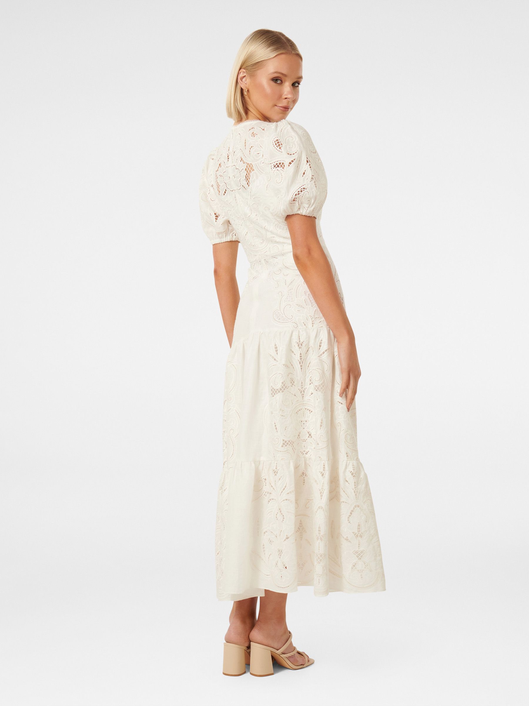 Buy Forever New White Pure Linen Lottie Broderie Midi Dress from Next Luxembourg
