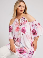 Pink - Yours Curve YOURS LONDON Top mit Kette und Blumenmuster und kalten Schultern - Bild 1 von 6