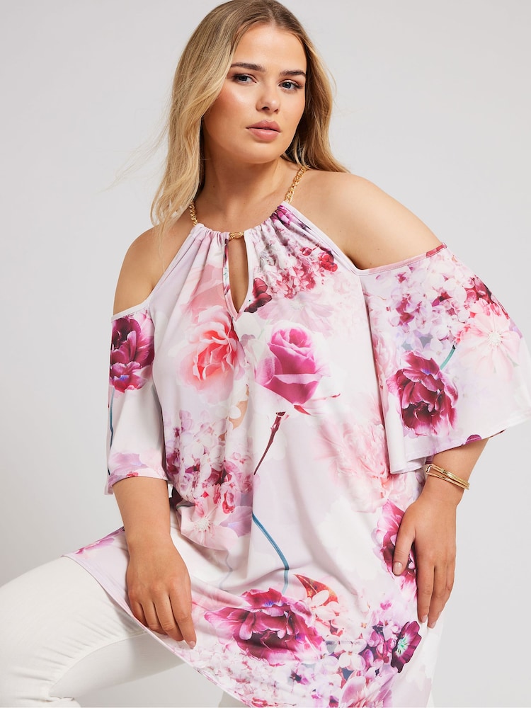 Pink - Yours Curve YOURS LONDON Top mit Kette und Blumenmuster und kalten Schultern - Bild 1 von 6