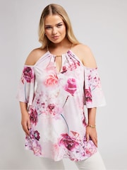 Pink - Yours Curve YOURS LONDON Top mit Kette und Blumenmuster und kalten Schultern - Bild 2 von 6