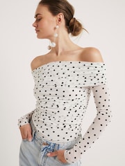 River Island White Spot Ruched Bardot Top - Image 1 of 4