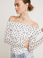 River Island White Spot Ruched Bardot Top - Image 2 of 4