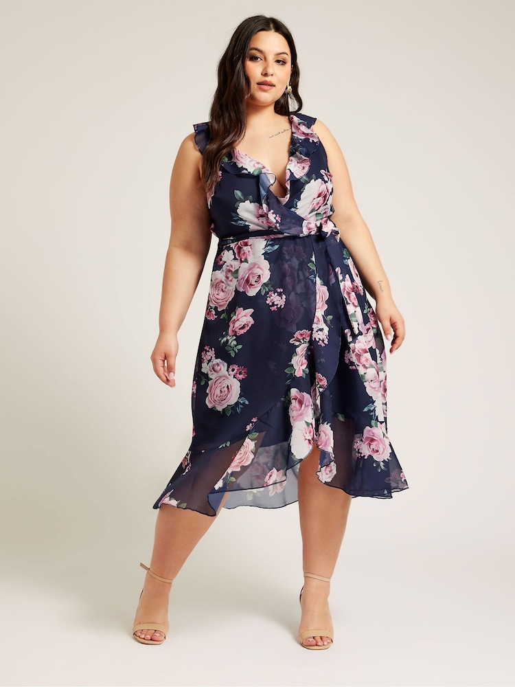 Blue - Yours Curve Curve Floral Ruffle Wrap Dress - Image 1 of 5 Blue - Yours Curve Curve Floral Ruffle Wrap Dress - Image 1 of 5