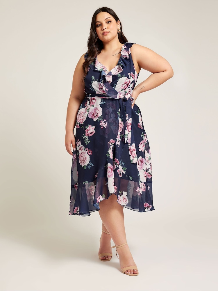 Blue - Yours Curve Curve Floral Ruffle Wrap Dress - Image 2 of 5 Blue - Yours Curve Curve Floral Ruffle Wrap Dress - Image 2 of 5