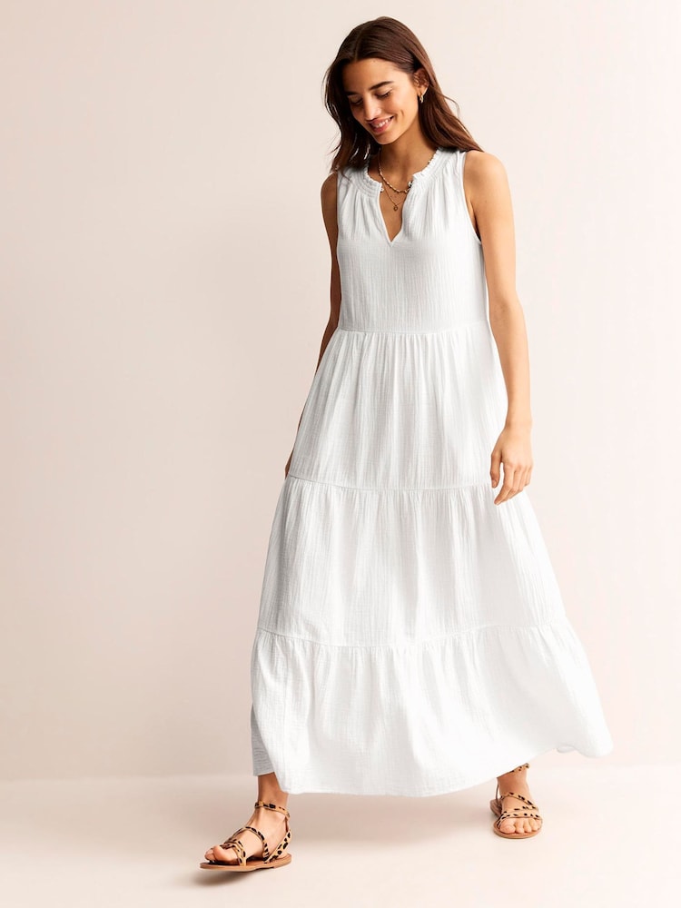Boden White 100% Cotton Double Cloth Maxi Tiered Dress - Image 2 of 7