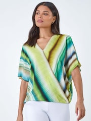 Roman Green Tie Dye Stripe Wrap Top - Image 1 of 5