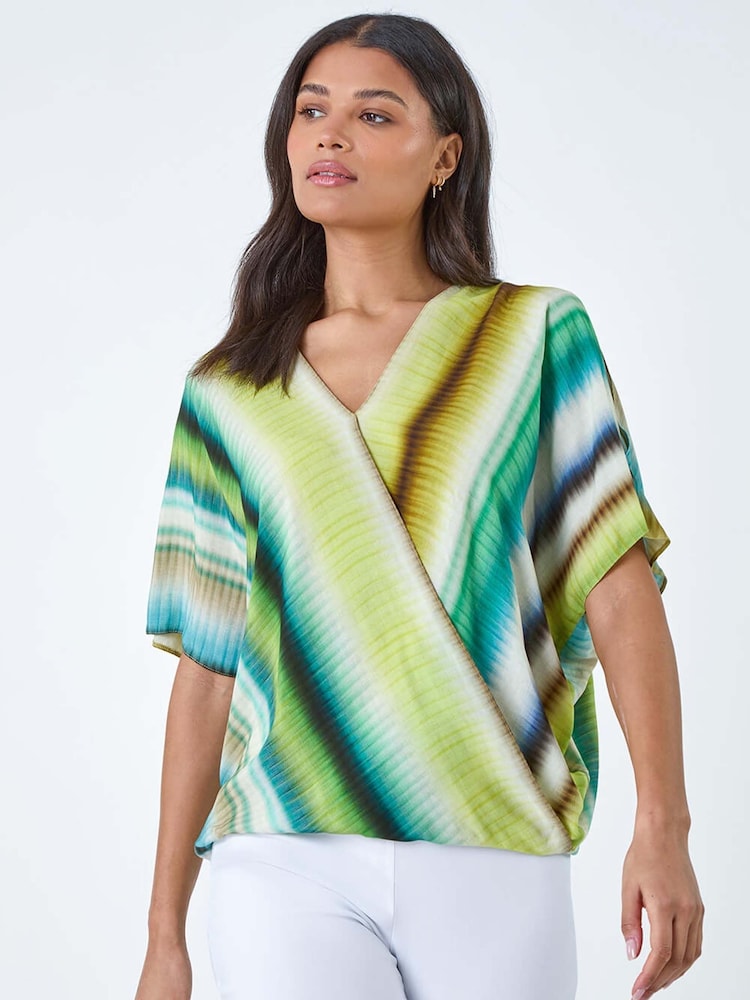 Roman Green Tie Dye Stripe Wrap Top - Image 1 of 5