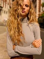 Neutral Long Sleeve Ribbed Roll Neck Top - Image 1 of 7