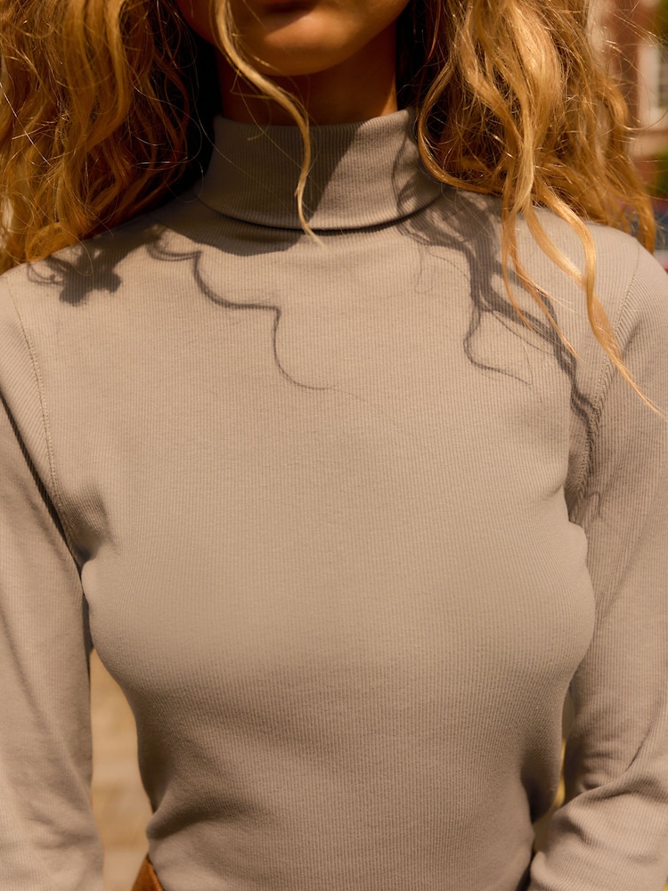 Neutral Long Sleeve Ribbed Roll Neck Top - Image 4 of 7