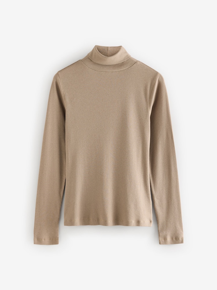 Neutral Long Sleeve Ribbed Roll Neck Top - Image 5 of 7