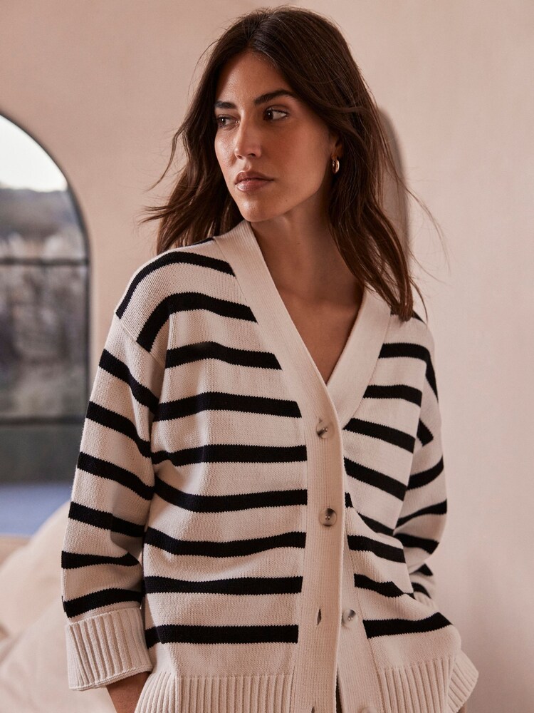 Mint Velvet White Striped Boxy Cardigan - Image 1 of 4 Mint Velvet White Striped Boxy Cardigan - Image 1 of 4