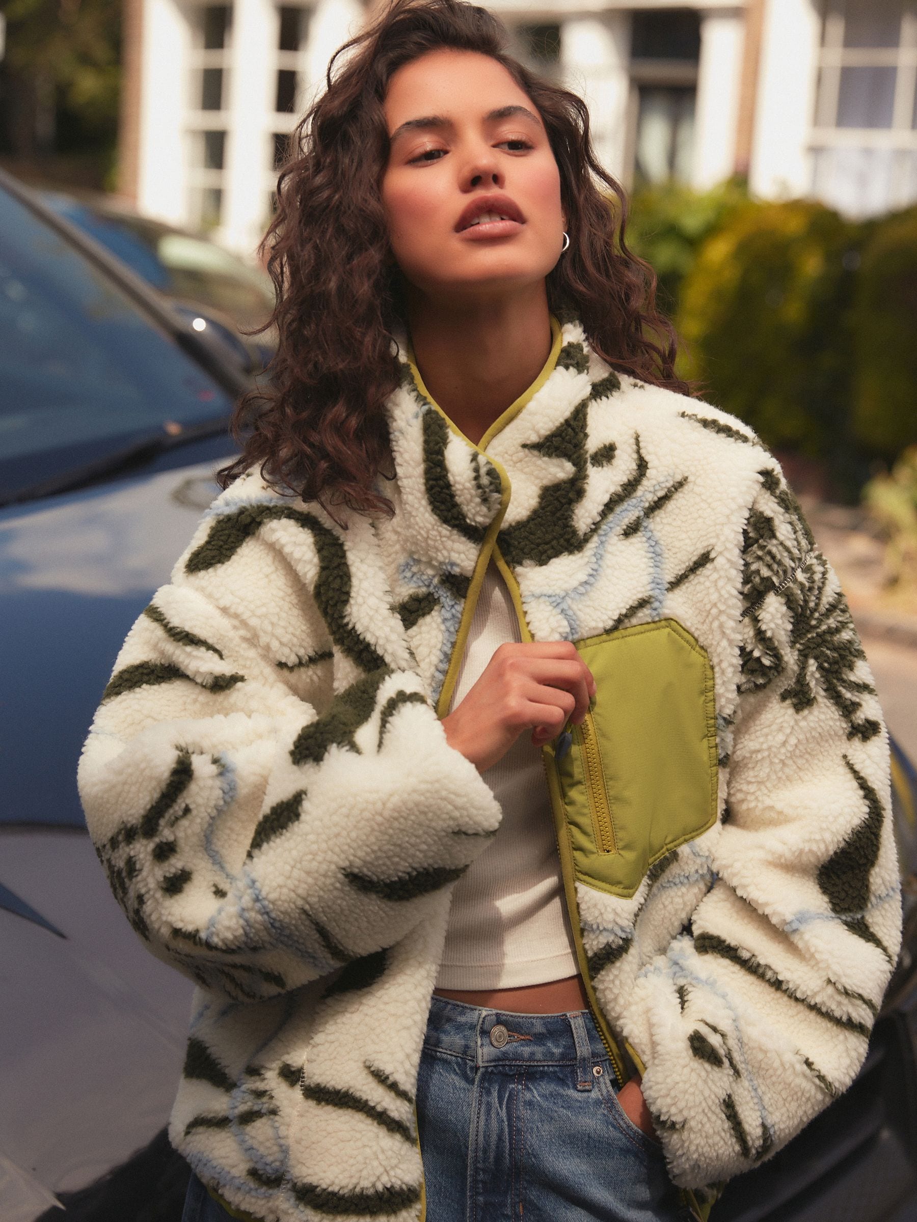 Lime Green Reversible Teddy Borg Floral Jacket