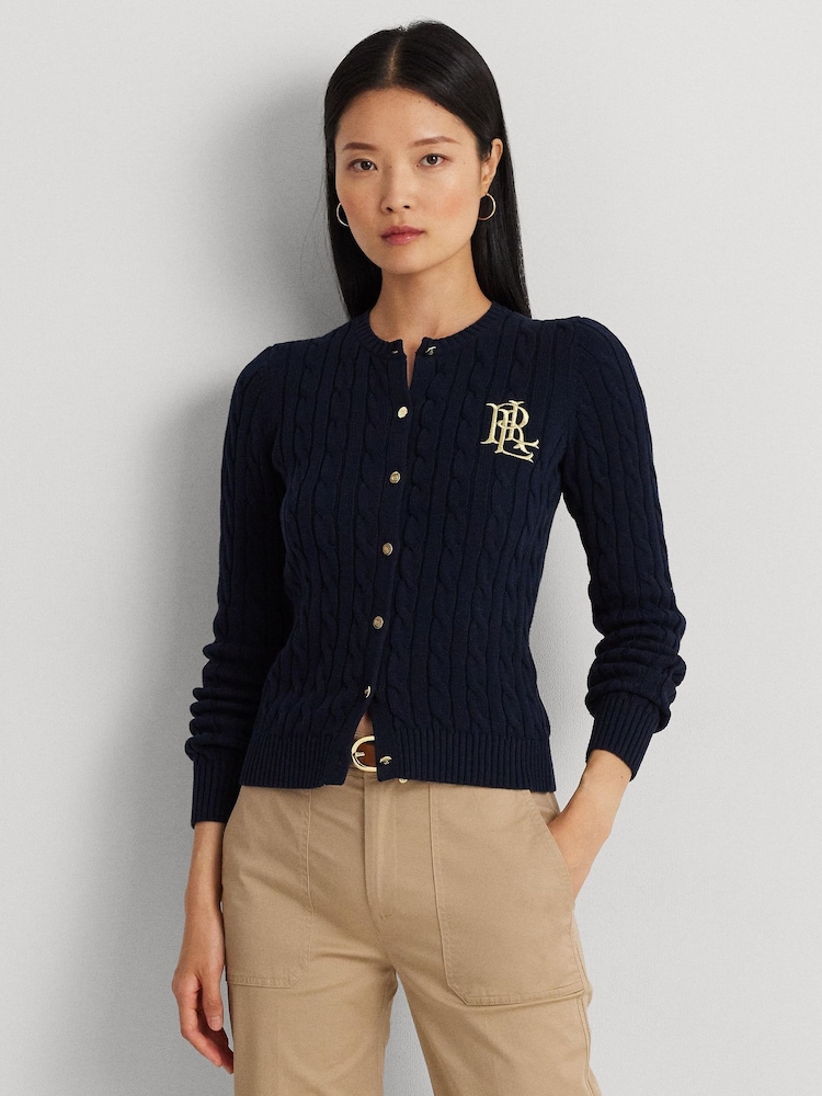 Темно-синий - Кардиган с узором "косичка" и логотипом Lauren Ralph Lauren Ralhan - Image 1 of 9