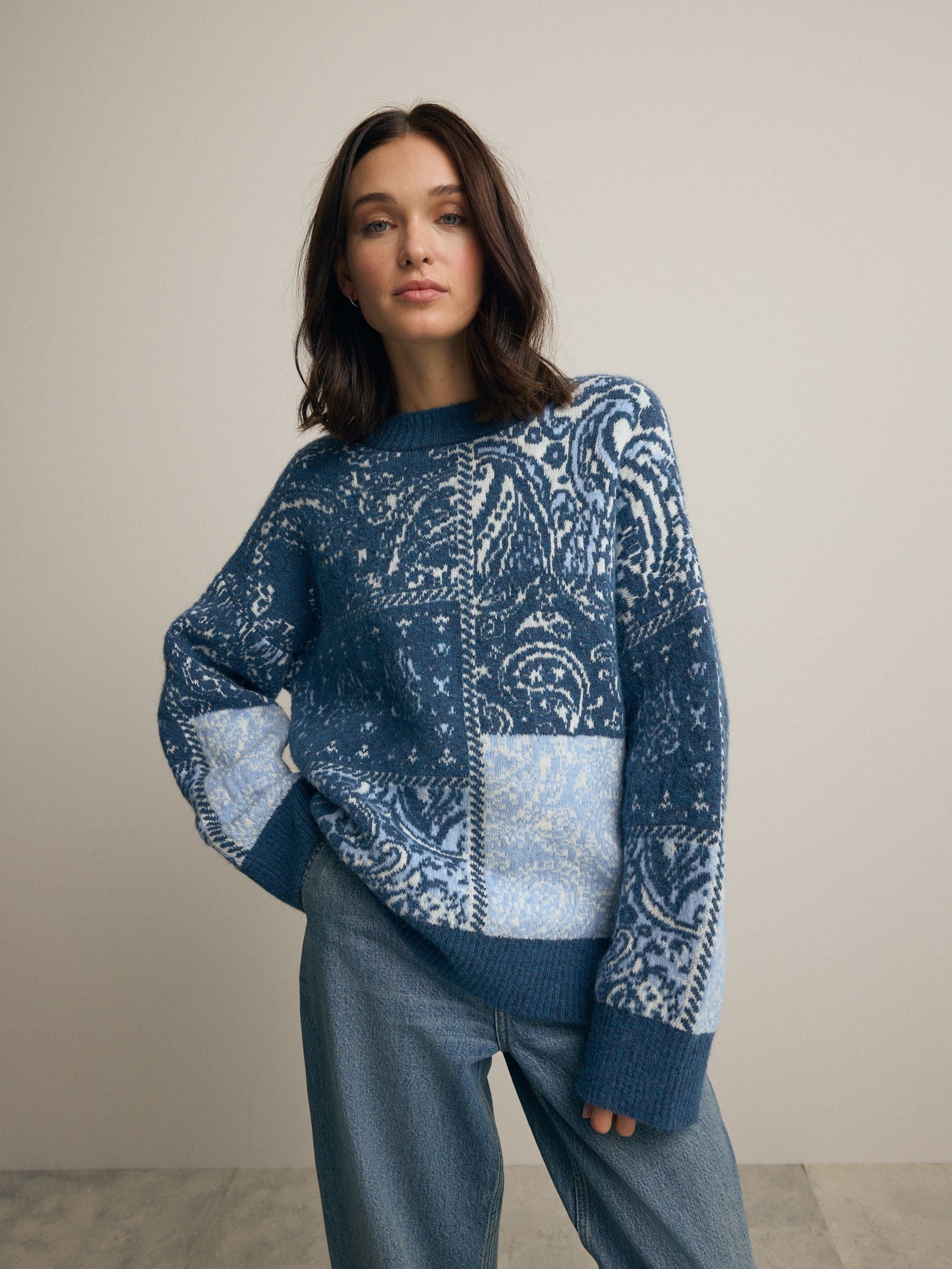Buy Blue White Paisley Jacquard Pattern Knitted Jumper from