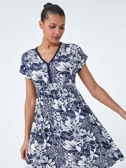Roman Blue Floral Gathered Stretch Jersey Dress - Image 2 of 5