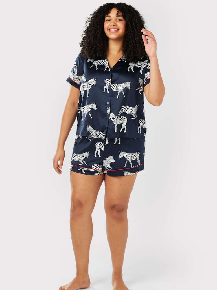 Chelsea Peers Blue Curve Satin Zebra Print  Short Pyjama Set - Image 1 of 5
