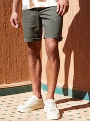 Threadbare Khaki Overdyed Denim Shorts with Stretch - Image 1 of 3