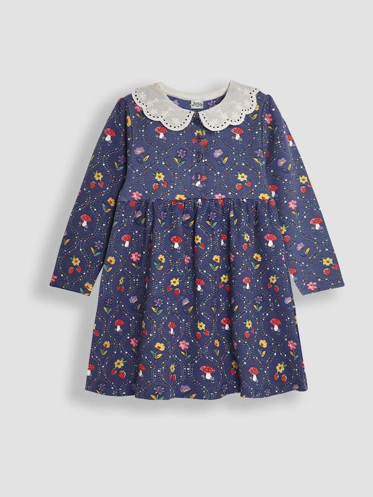 JoJo Maman Bébé Purple Toadstool Floral Broderie Collar Dress - Image 1 of 3