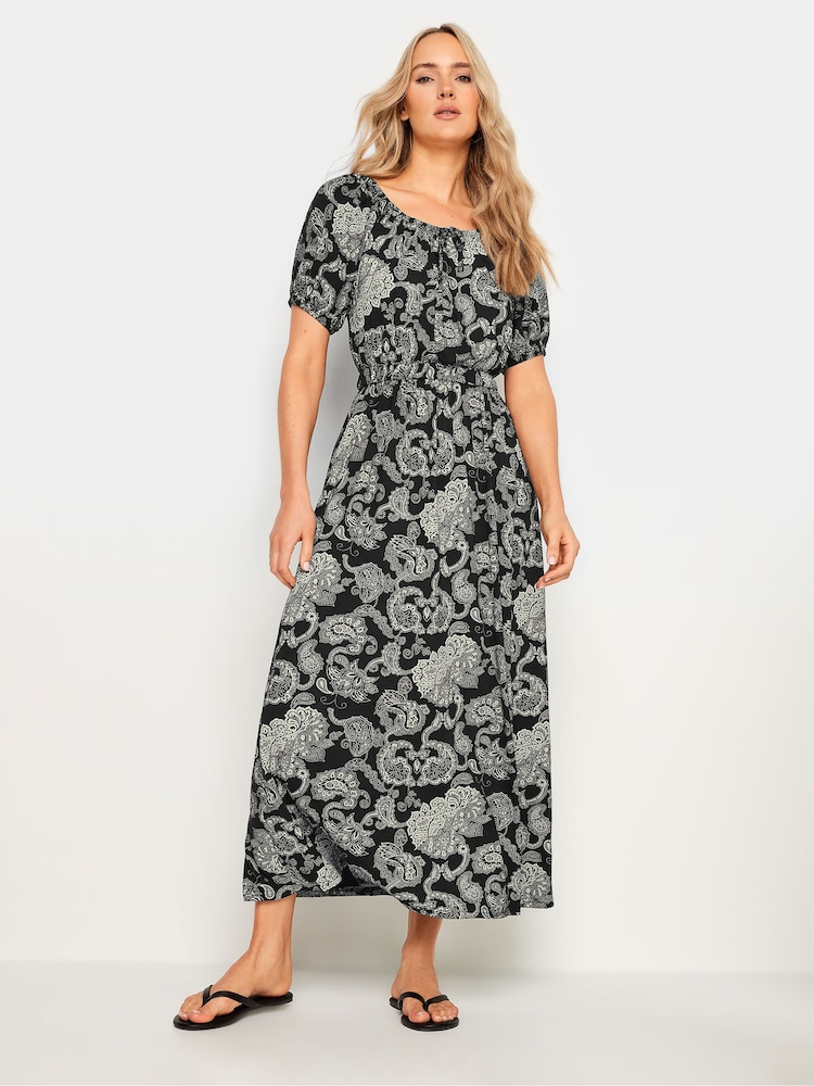 Long Tall Sally Black Paisley Print Bardot Midaxi Dress - Image 1 of 5