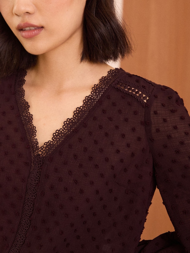 Love & Roses Berry Red Petite V Neck Lace Trim Dobby Blouse - Image 2 of 4