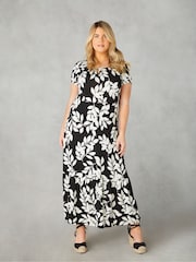 Live Unlimited Black Curve Mono Leaf Print Jersey Keyhole Maxi Dress - Image 2 of 7