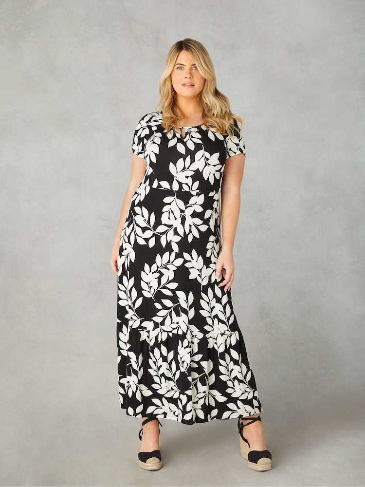 Live Unlimited Black Curve Mono Leaf Print Jersey Keyhole Maxi Dress - Image 2 of 7