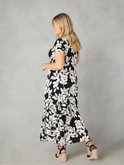 Live Unlimited Black Curve Mono Leaf Print Jersey Keyhole Maxi Dress - Image 3 of 7