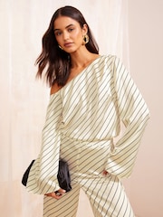 Friends Like These Black/White One Shoulder Long Sleeve Slash Top Co Ord - Image 2 of 5