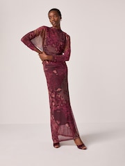 Abstract Animal Print Mesh Batwing Sleeve Maxi Dress - Image 1 of 7