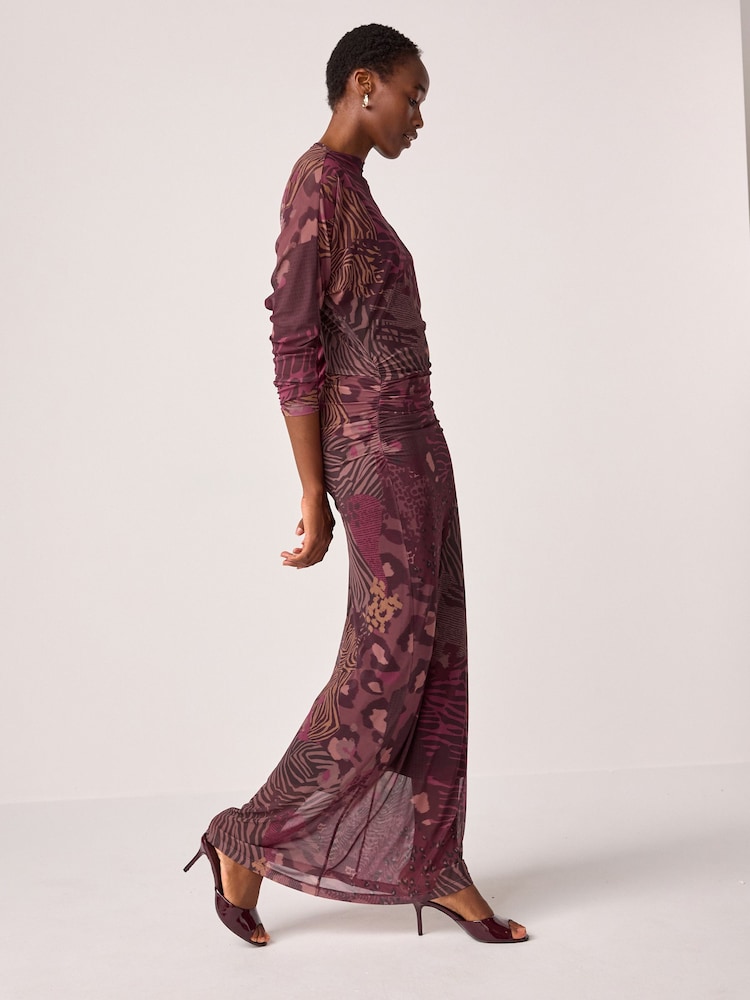 Abstract Animal Print Mesh Batwing Sleeve Maxi Dress - Image 2 of 7