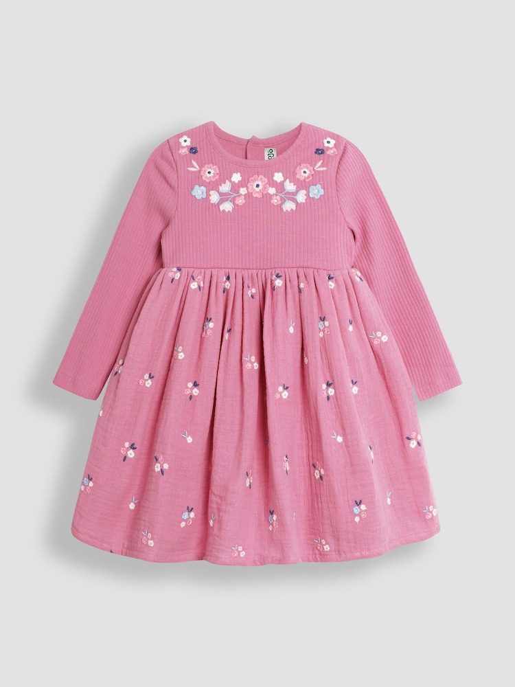 JoJo Maman Bébé Rose Pink Floral Embroidered Rib Cheesecloth Dress - Image 1 of 3