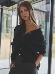 Black Wool Blend Yak Soft Touch Front Pocket Knitted Cardigan - Image 1 of 9