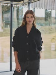 Black Wool Blend Yak Soft Touch Front Pocket Knitted Cardigan - Image 3 of 9